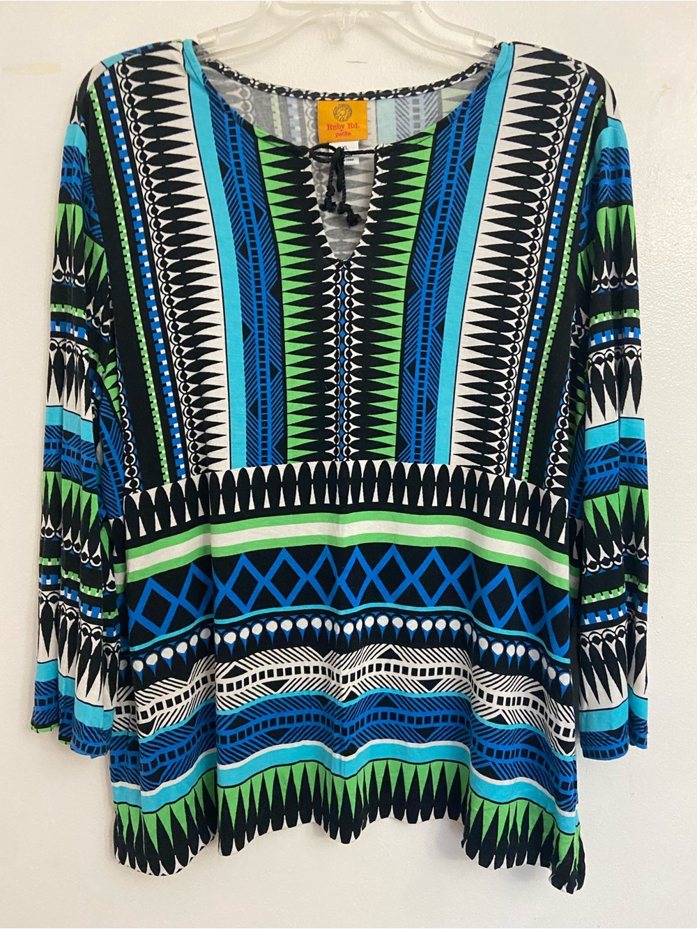 Boho Blue-Green multi Geometric Tunic 3/4 sleeves keyhole tie neck Petite XL